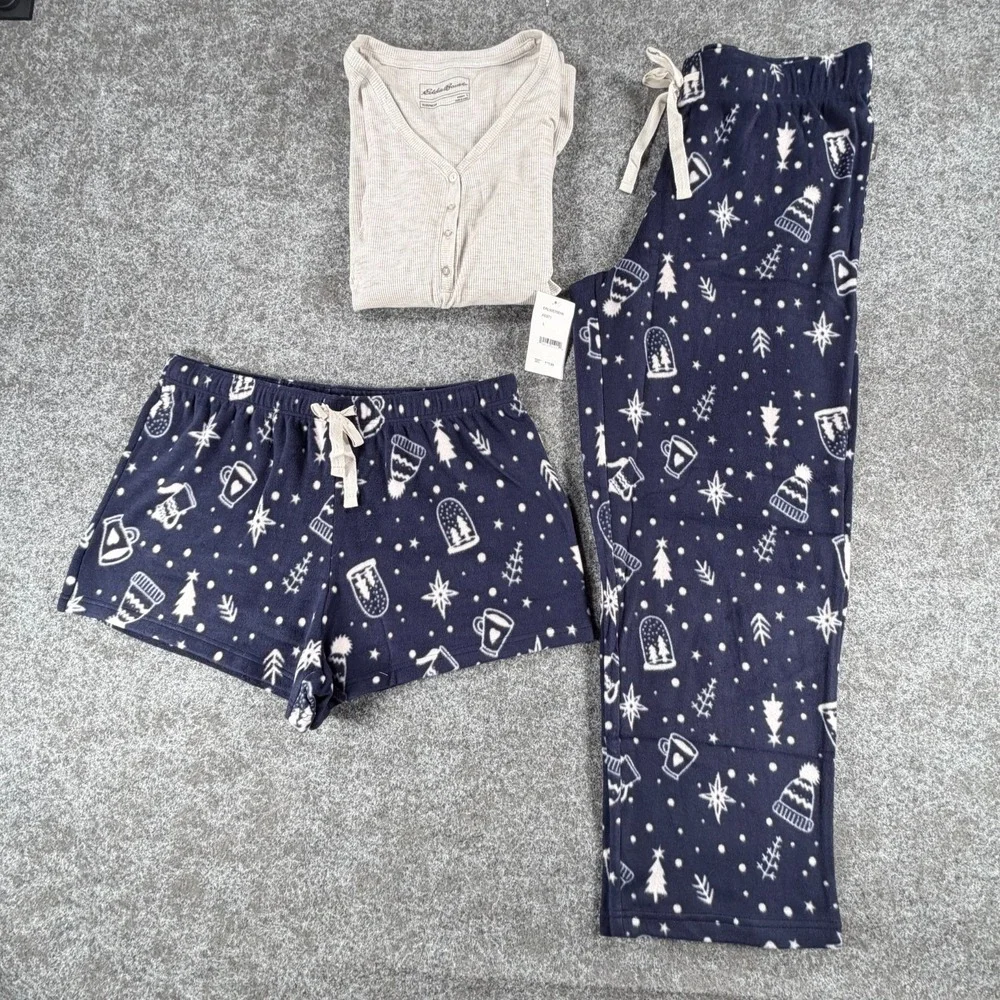 Eddie Bauer Pajama Set Womens L Blue White Stretch Allover Christmas‎ Sleepwear